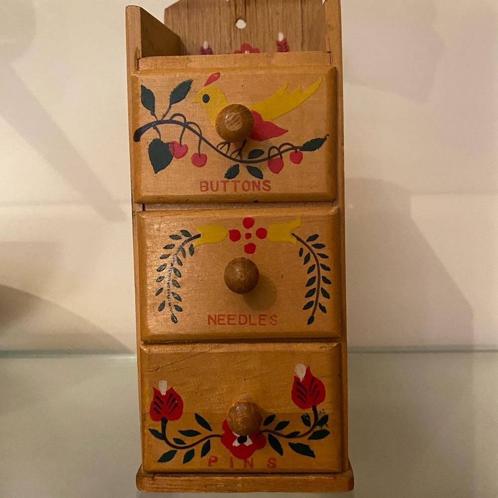 Vintage Wood Wall Mounted Sewing Notions 3 Drawer Box